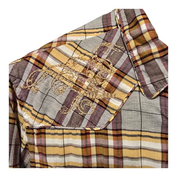Guess Mens Western Pearl Snap Plaid Shirt Size Medium Embroidered Rodeo Cowboy - Picture 10 of 14
